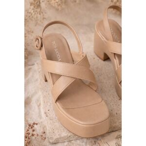 Top Moda ROLLY-16 Nude PU Platform Wedge Sandals Mens 10 Square Toe Buckle Strap